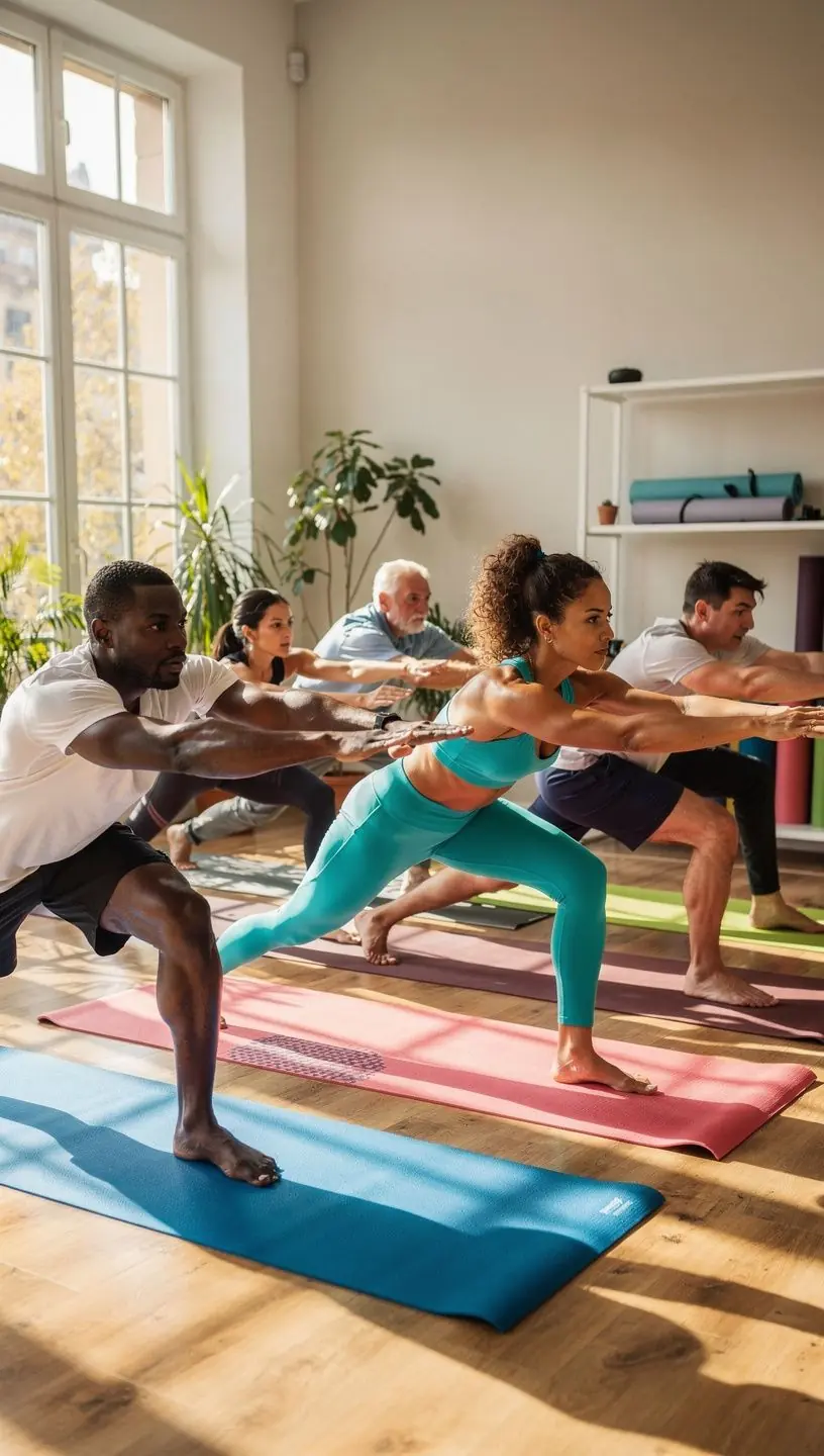 Clase de yoga en grupo, donde los participantes realizan posturas para mejorar su flexibilidad y fuerza.