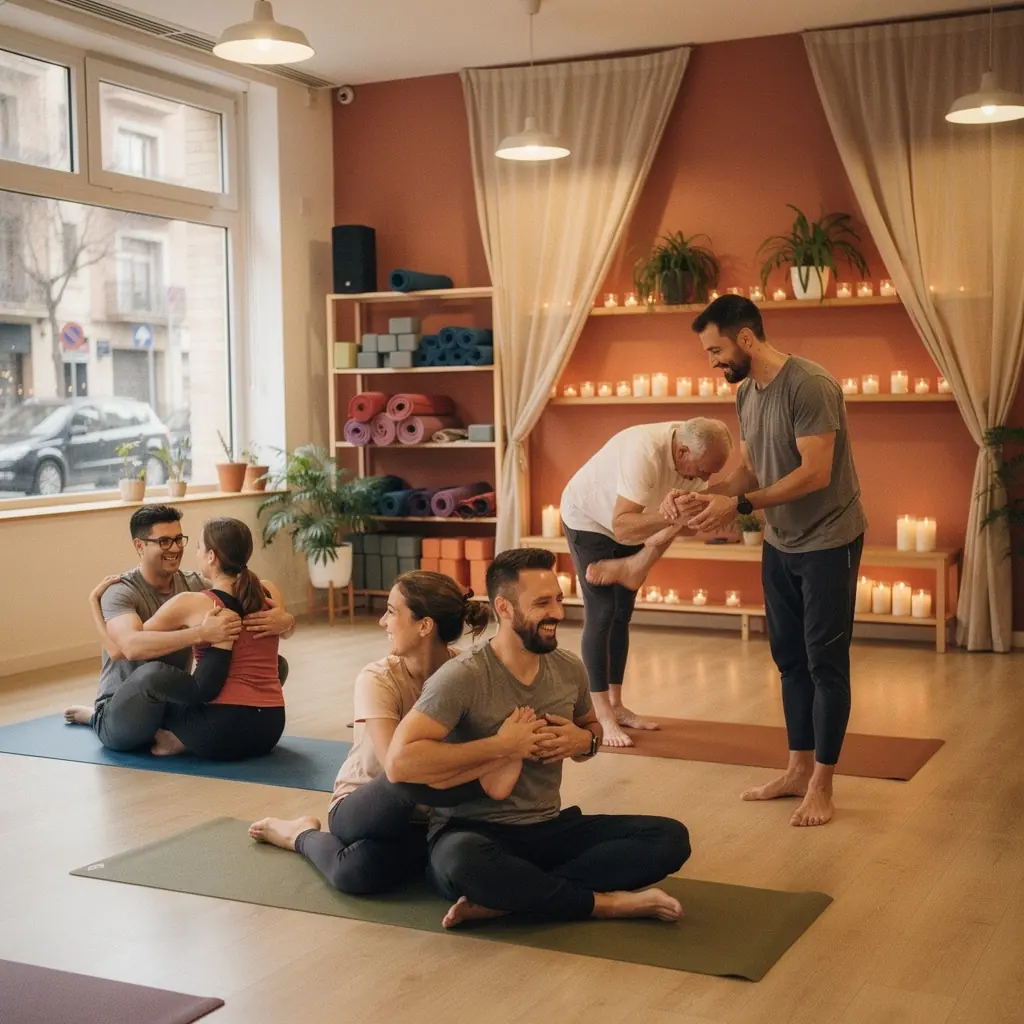 Entrenamiento de fuerza en grupo, con personas levantando pesas y sonriendo, mostrando energía y motivación.