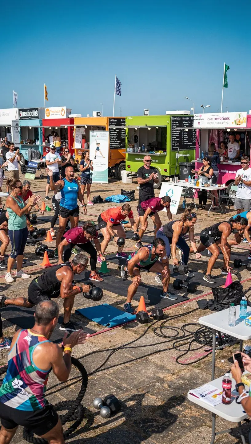 Entrenamiento de fuerza en grupo, con personas levantando pesas y sonriendo, mostrando energía y motivación.
