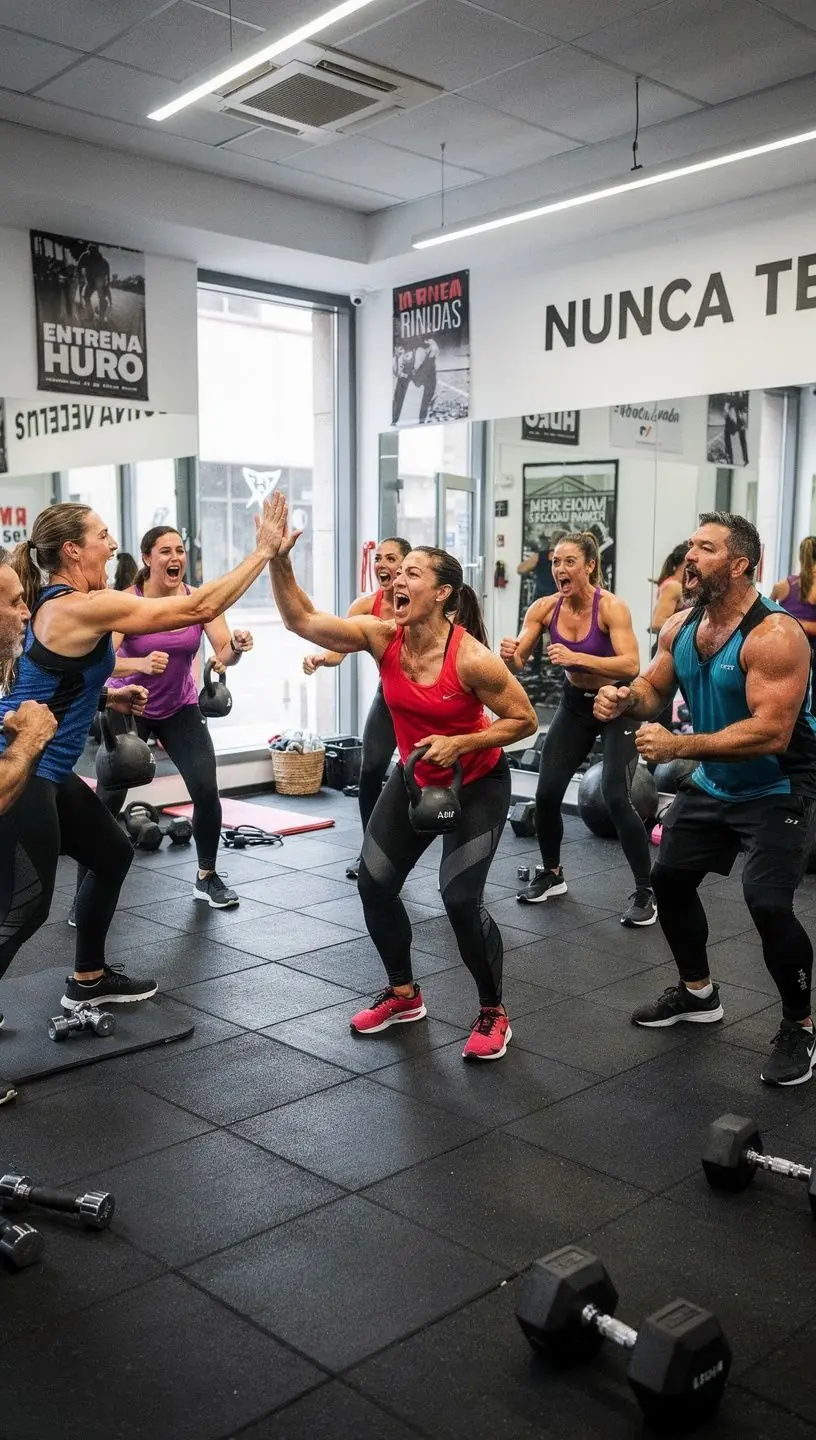 Entrenamiento de fuerza en grupo, con personas levantando pesas y sonriendo, mostrando energía y motivación.
