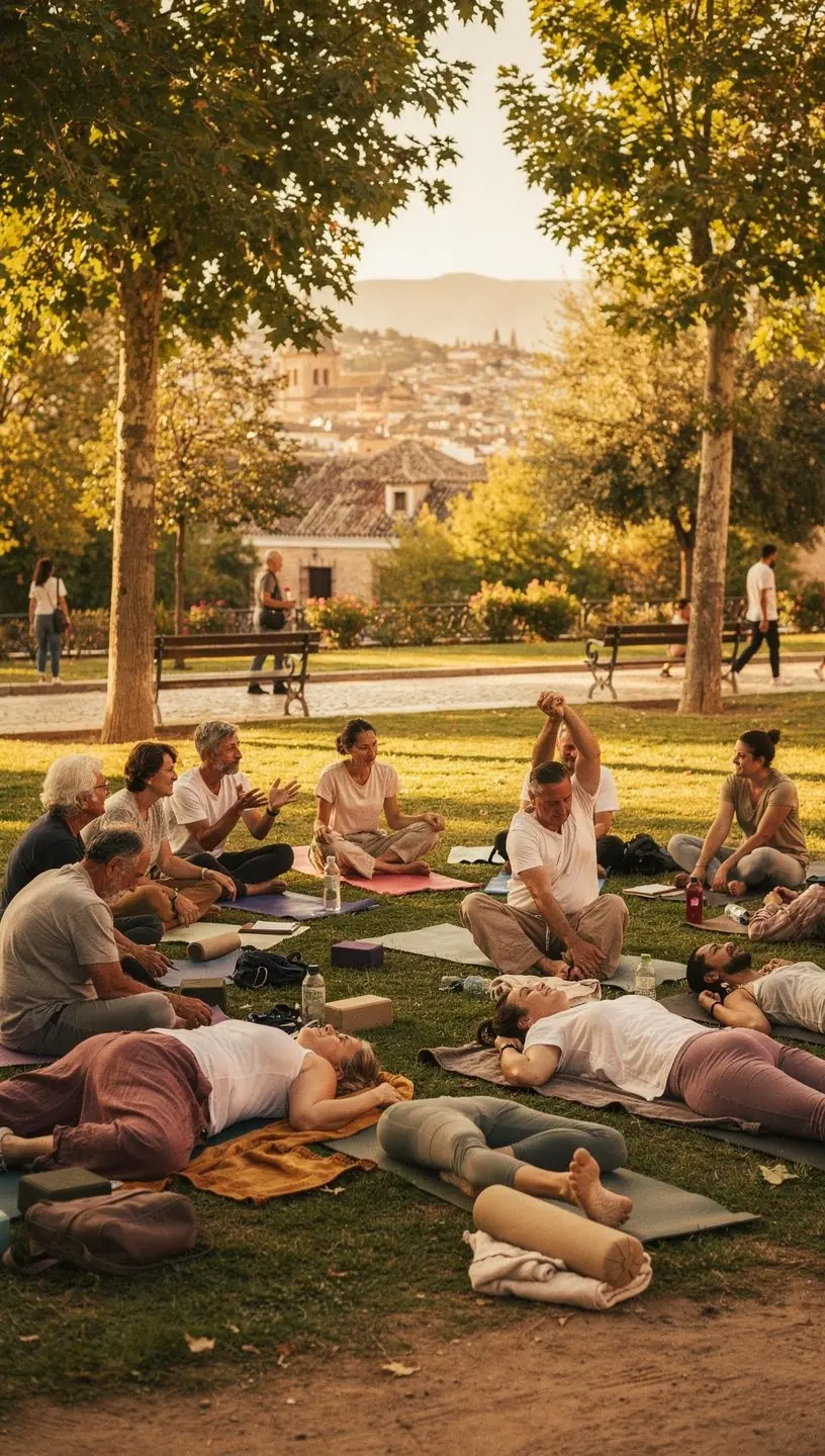 Entrenamiento de fuerza en grupo, con personas levantando pesas y sonriendo, mostrando energía y motivación.